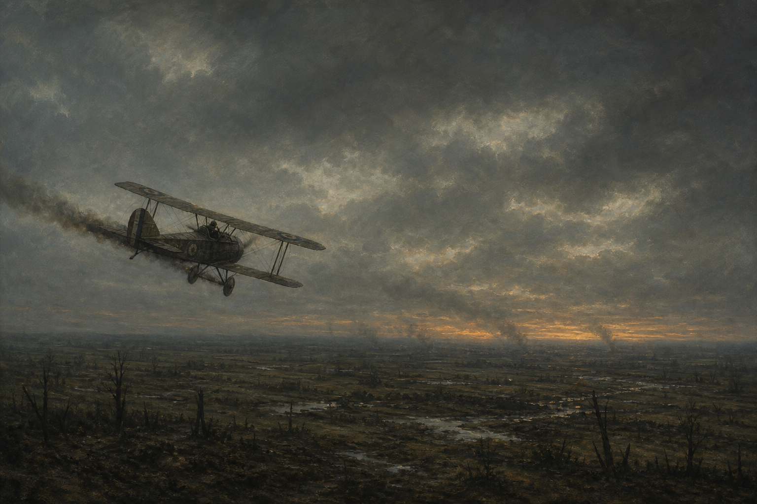 Painted defeat scene: a downed biplane smoking in a field at dusk
