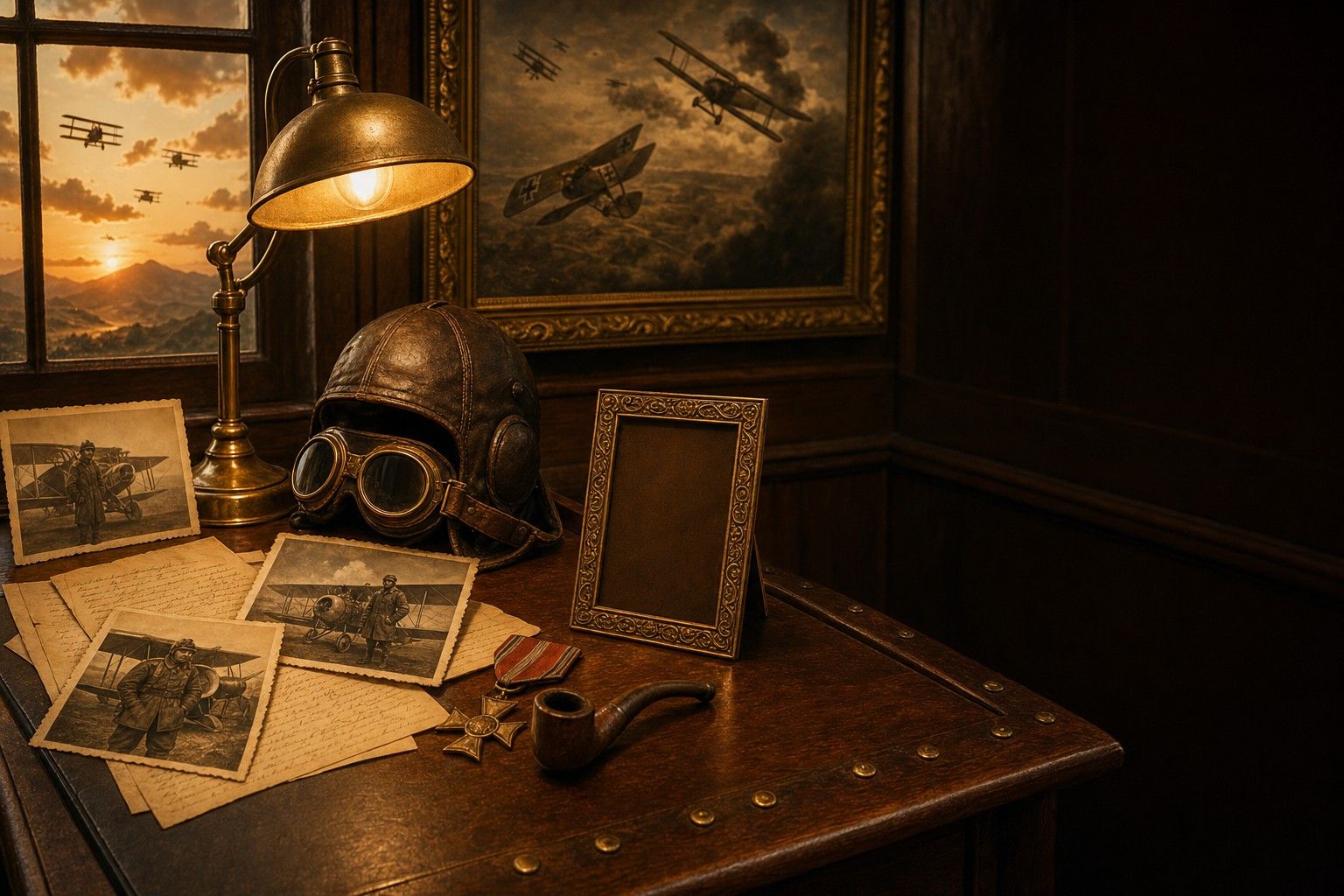 A 1917 squadron officers' club desk: sepia photographs, letters, a flying helmet and goggles under lamplight