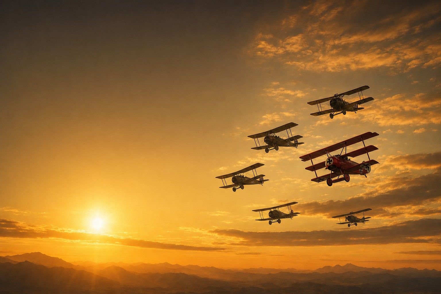 Key art: a formation of WWI biplanes led by a crimson triplane at sunset