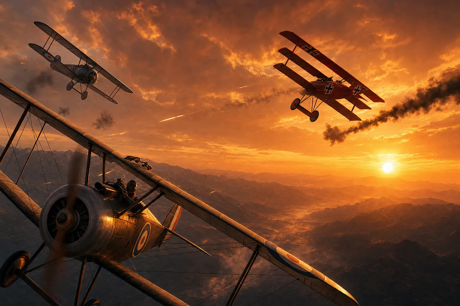 A WWI dogfight at sunset: Sopwith Camels and a crimson Fokker triplane banking through an amber sky