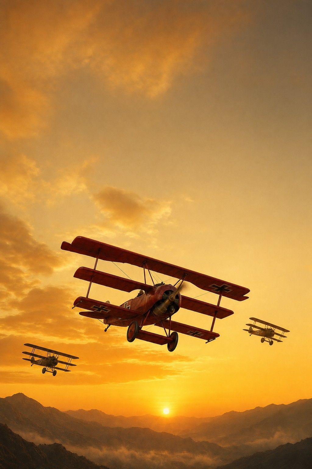 The portrait companion painting: a red triplane climbing with two wingmen