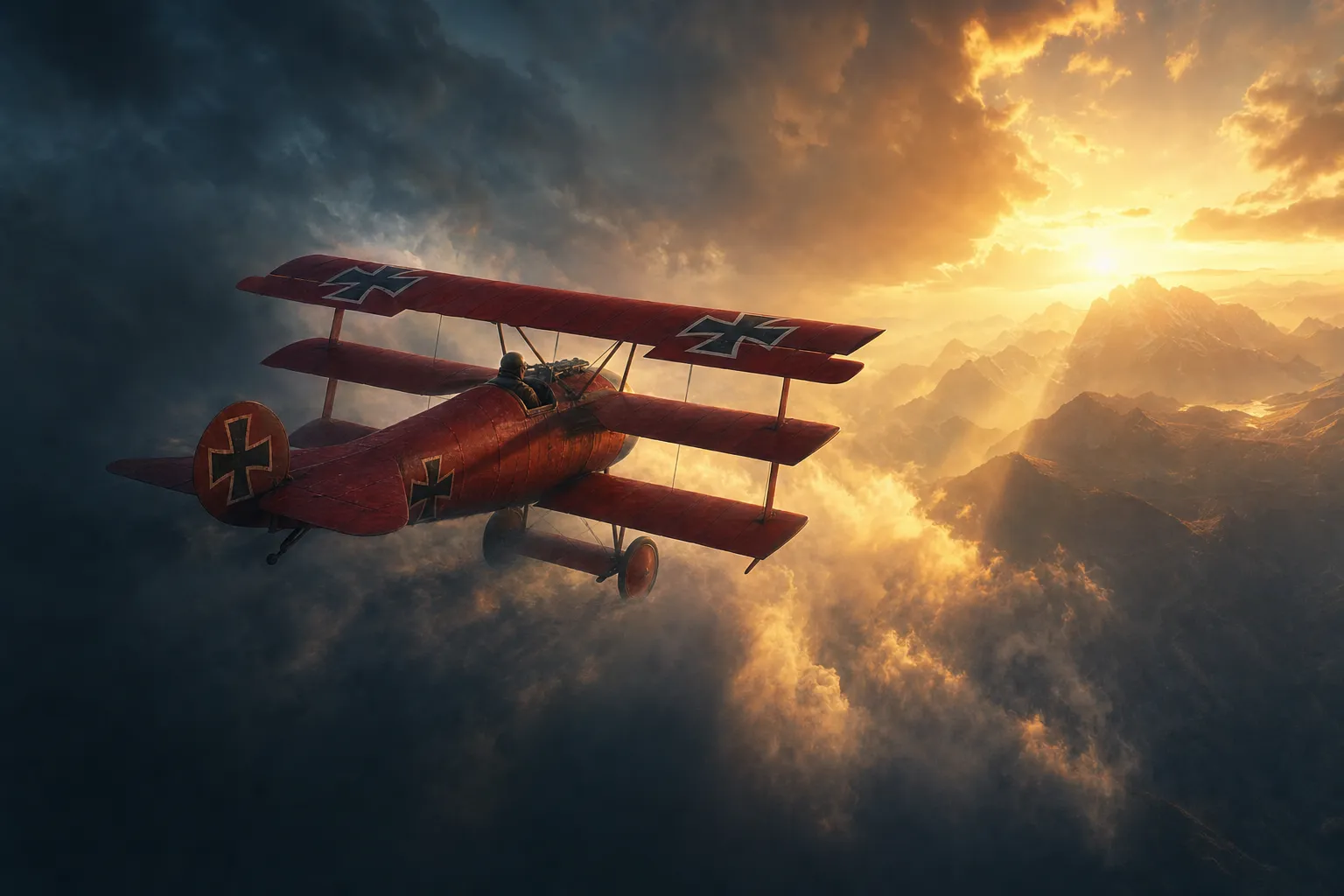 A crimson triplane emerging from cold shadow into warm golden light