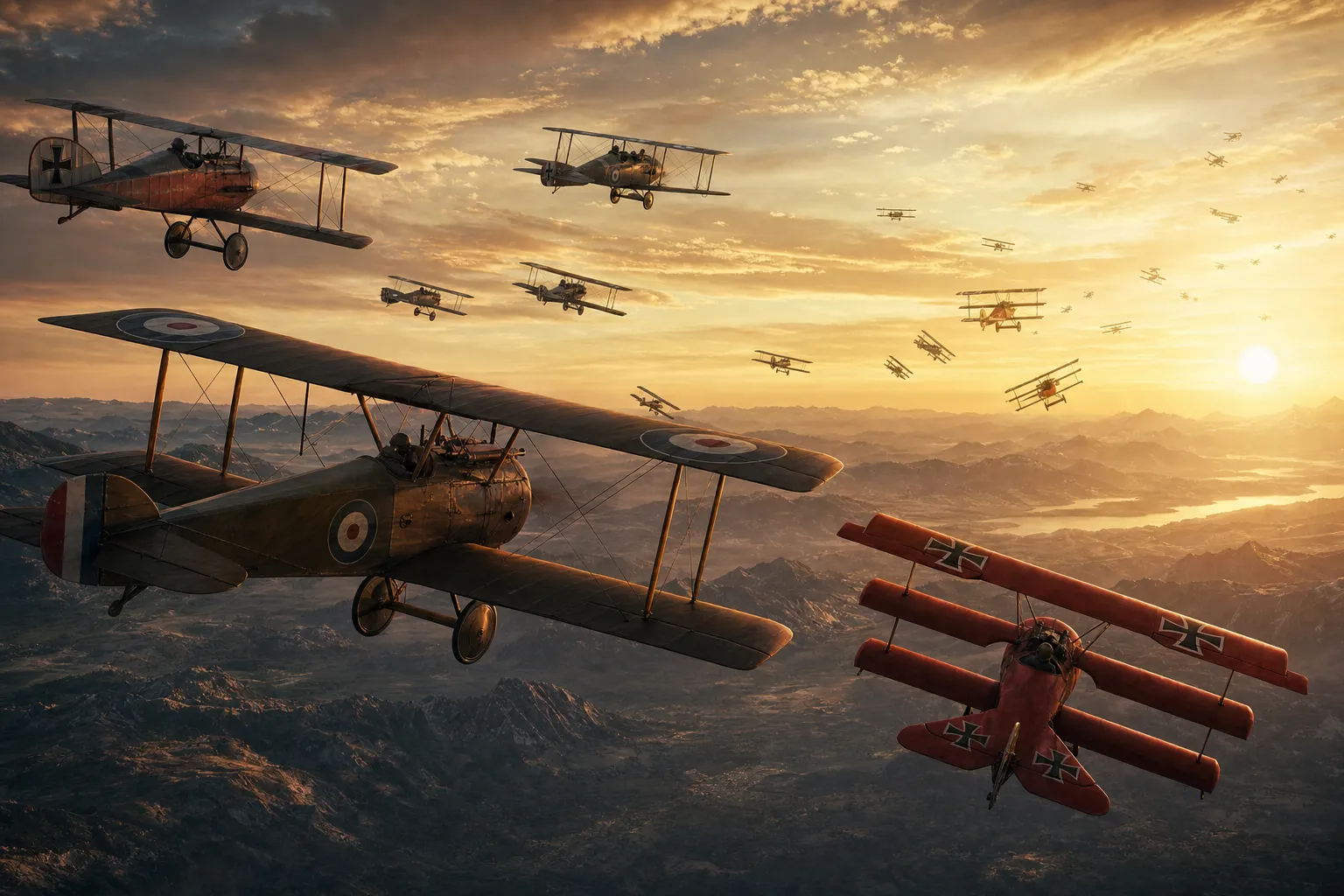 A large formation of WWI aircraft climbing toward an open golden horizon