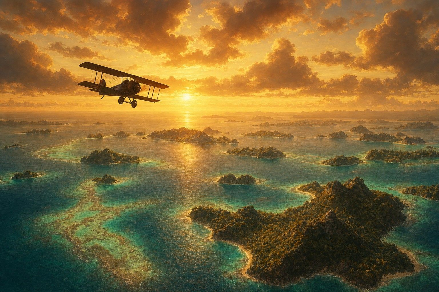 The Islands: Lagoons, reefs and coastal villages under amber cloud.