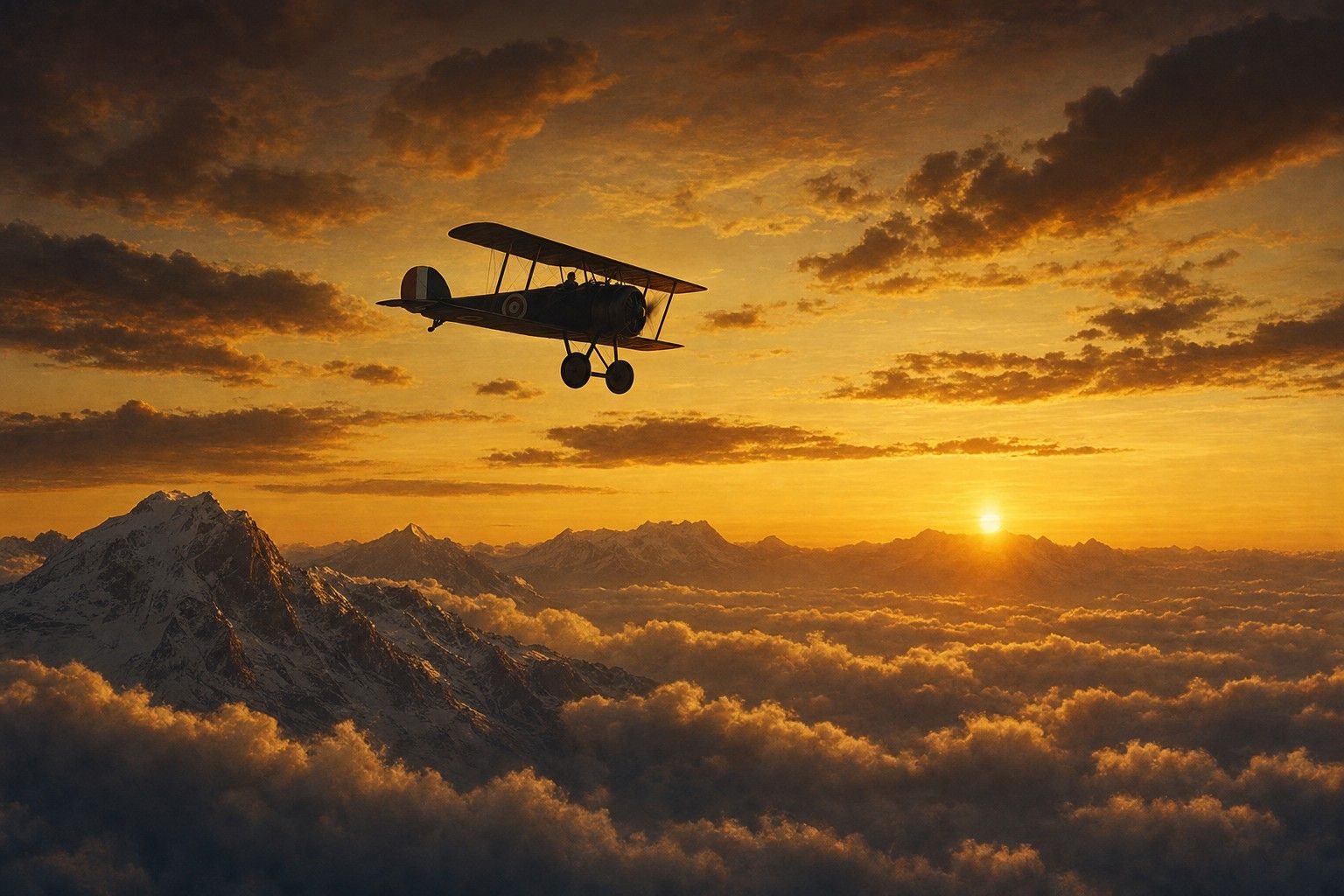 The Mountains: Snow-capped peaks above a sea of sunset cloud.