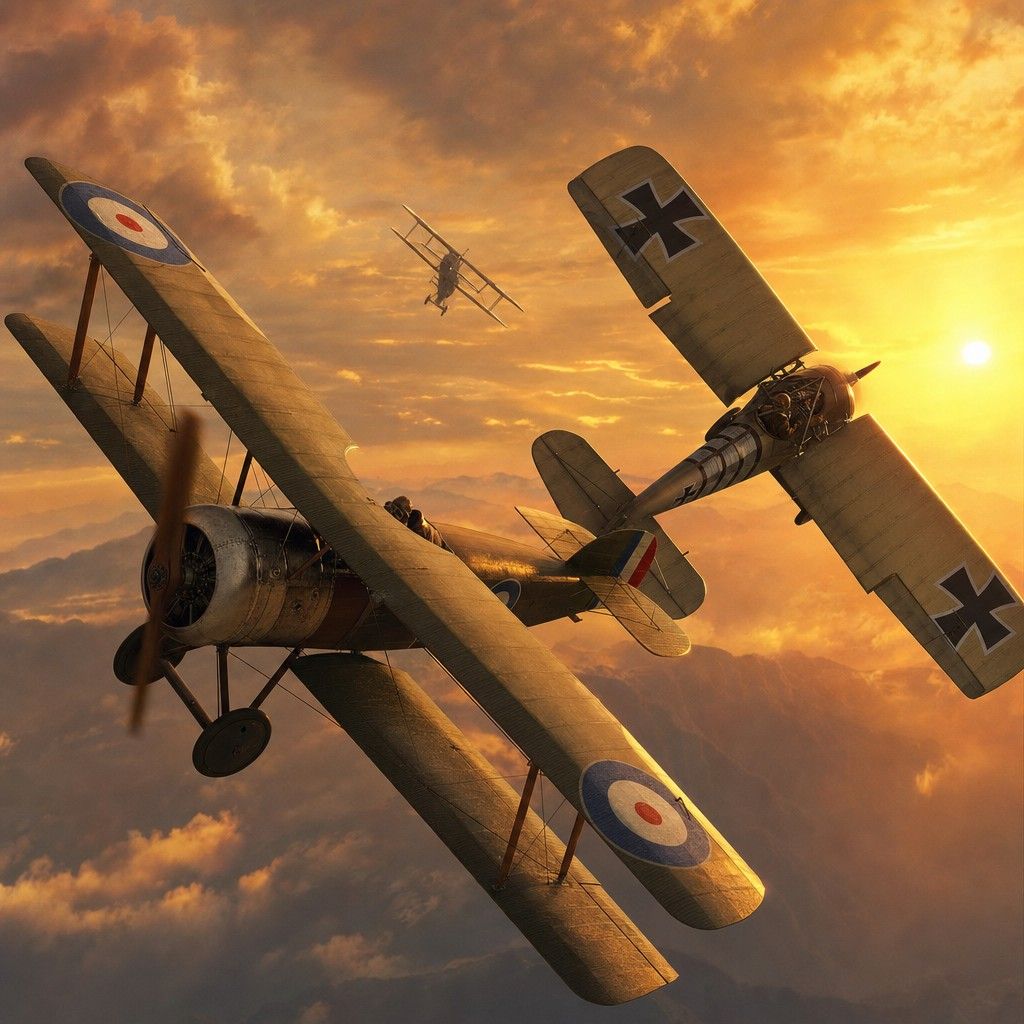 Two WWI biplanes crossing paths in a banking dogfight at golden hour