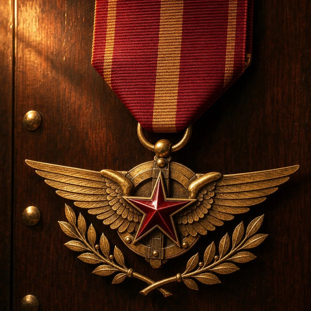 A brass-and-gold winged medal with a crimson enamel star